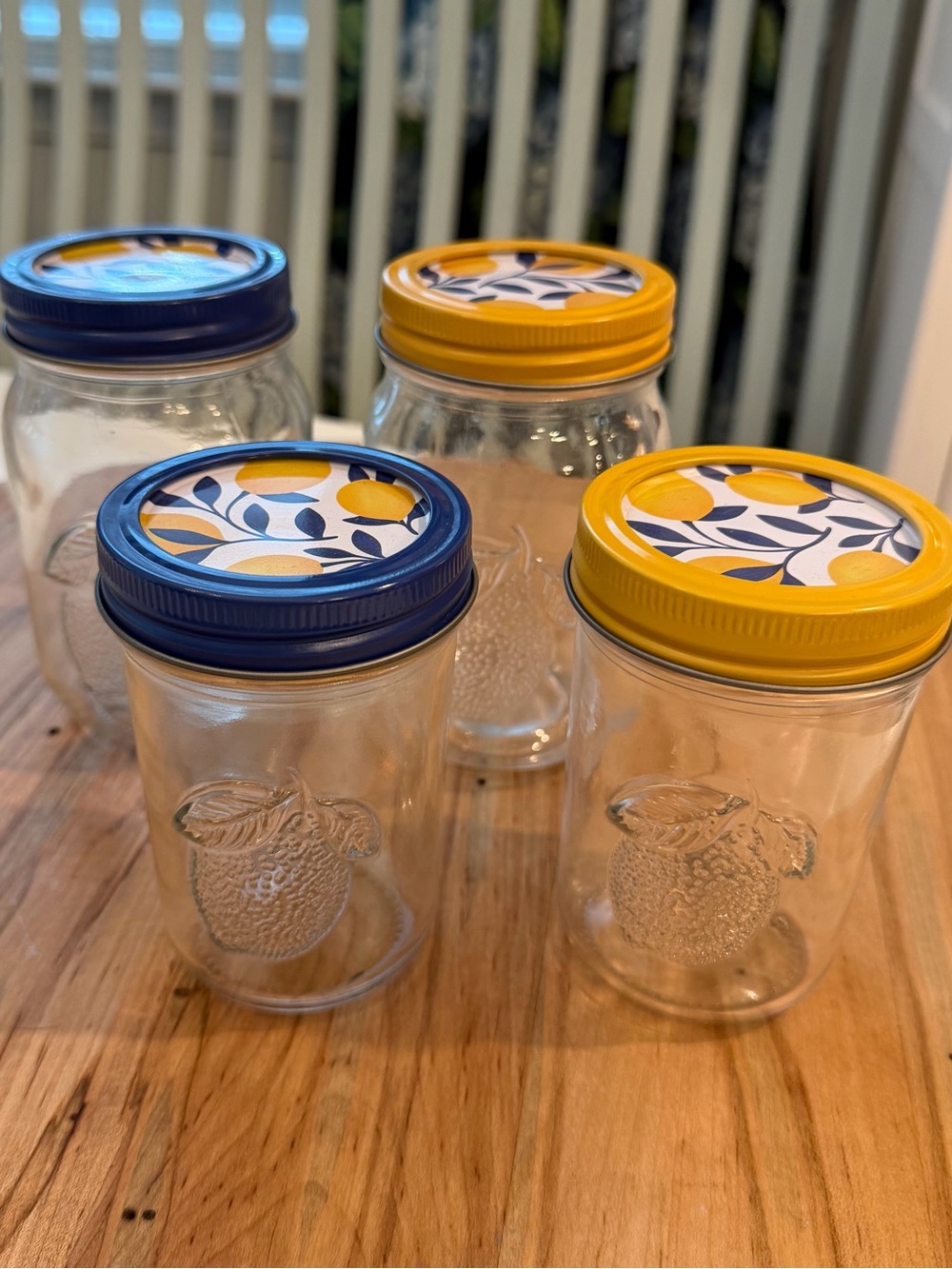 Set of (4) Lemon Embossed Standard Mouth Jars with Lemon Lids - blue & yellow